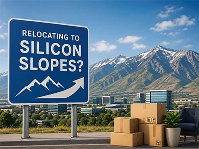 Modern homes and tech offices along the Silicon Slopes corridor in Lehi, Utah