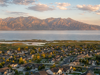 Aerial view of Saratoga Springs neighborhoods with Utah Lake and the Wasatch Range at sunset