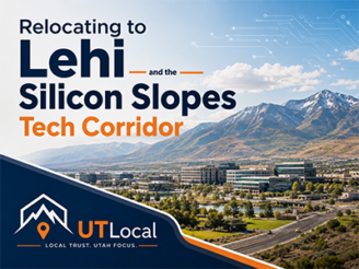 Lehi, Utah homes and Silicon Slopes office campuses below the Wasatch mountains