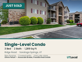 Sold single-level condo with stone-and-siding exterior in Saratoga Springs, Utah
