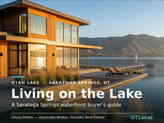 Modern lakefront home in Saratoga Springs, Utah at sunset with Utah Lake and the Wasatch Range beyond