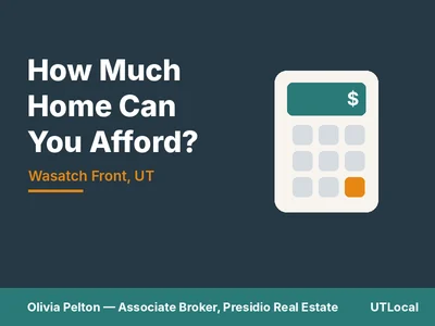 Navy graphic reading How Much Home Can You Afford, Wasatch Front UT, with a home affordability calculator icon